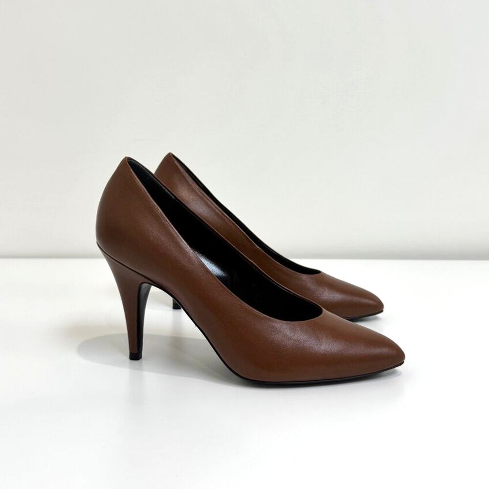 GUCCI Malaga Kid Brown Leather Pointed Toe Pumps 38 Cone Heels Italy Shoes